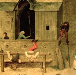 Kinderspiele: Detail eines Jungen auf Stelzen und Kinder, die im Stocks spielen, 1560 (Detail)